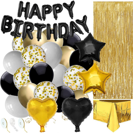 Set 46 baloane si decoratiuni, Happy Birthday, incluse fata de masa si perdea negru auriu [10]