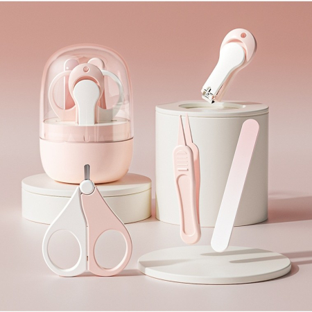 Set 4in1 de Ingrijire Unghii pentru Bebelusi, , Cutie de Depozitare Tip Borcan, 0-6 Ani, 10 x 7 x 6 cm, Roz [1]