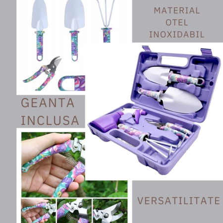 Set 5 accesorii pentru gradinarit , geanta depozitare inclusa, otel inoxidabil, 38 x 29 cm, mov [2]