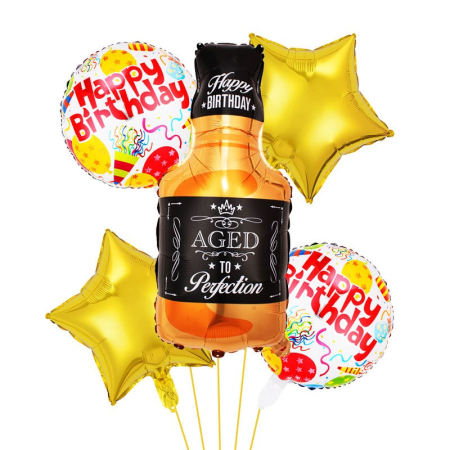 Seturi Baloane Folie - Set 5 Baloane din Folie Metalizata, , Figurine Sticla de Bautura, Model Stele, Tema Aniversare, Pai Inclus, Ambalaj Individual, Umflare cu Aer sau Heliu, Multicolor