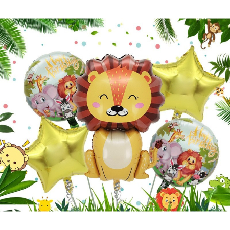 Set 5 Baloane din Folie Metalizata, , Figurine, Tema Aniversare Jungla, Pai Inclus, Ambalaj Individual, Umflare cu Aer sau Heliu, Figurina Leu 69.5x101 cm, Stelute si Cerculete 45 cm, Multicolor [2]