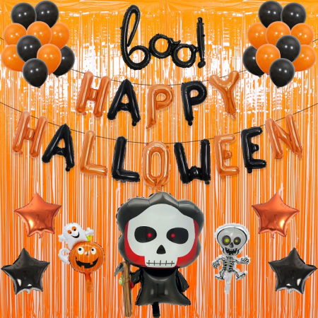 Set 5 Baloane din Folie Metalizata, , Figurine, Tema Halloween, Pai Inclus, Ambalaj Individual, Umflare cu Aer sau Heliu, Figurina Craniu 50.5x74 cm, Stelute si Cerculete 45 cm, Alb-Negru [4]