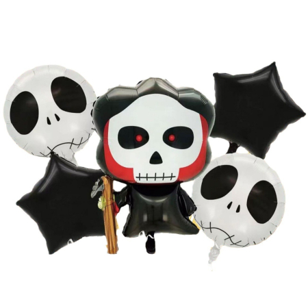 Baloane si Accesorii Halloween - Set 5 Baloane din Folie Metalizata, , Figurine, Tema Halloween, Pai Inclus, Ambalaj Individual, Umflare cu Aer sau Heliu, Figurina Craniu 50.5x74 cm, Stelute si Cerculete 45 cm, Alb-Negru