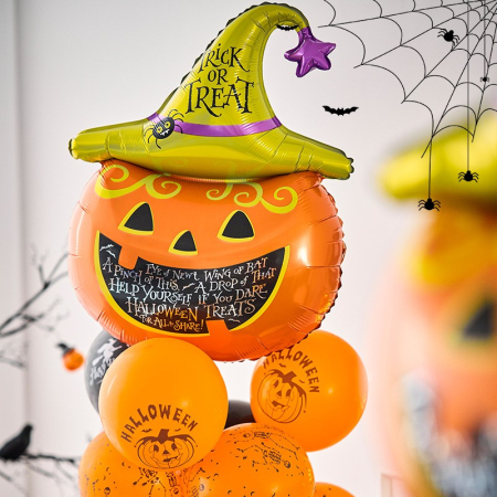 Set 5 Baloane din Folie Metalizata, , Figurine, Tema Halloween, Pai Inclus, Ambalaj Individual, Umflare cu Aer sau Heliu, Figurina Dovleac 54x87 cm, Stelute si Cerculete 45 cm, Multicolor [4]