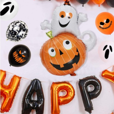 Set 5 Baloane din Folie Metalizata, , Figurine, Tema Halloween, Pai Inclus, Ambalaj Individual, Umflare cu Aer sau Heliu, Figurina Dovleac cu Fantoma 64x80 cm, Stelute si Cerculete 45 cm, Multicolor [8]