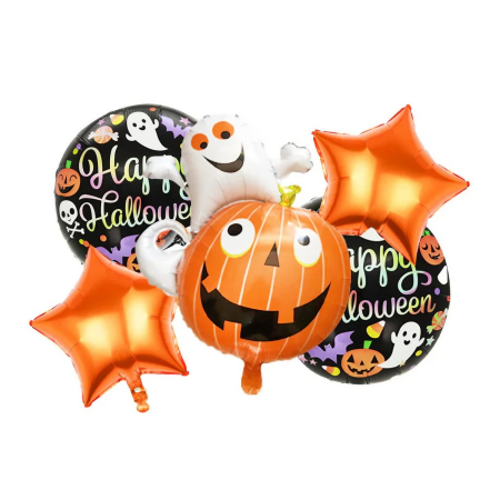 Baloane si Accesorii Halloween - Set 5 Baloane din Folie Metalizata, , Figurine, Tema Halloween, Pai Inclus, Ambalaj Individual, Umflare cu Aer sau Heliu, Figurina Dovleac cu Fantoma 64x80 cm, Stelute si Cerculete 45 cm, Multicolor