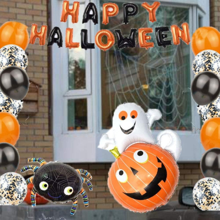 Set 5 Baloane din Folie Metalizata, , Figurine, Tema Halloween, Pai Inclus, Ambalaj Individual, Umflare cu Aer sau Heliu, Figurina Dovleac cu Fantoma 64x80 cm, Stelute si Cerculete 45 cm, Multicolor [3]