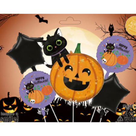 Set 5 Baloane din Folie Metalizata, , Figurine, Tema Halloween, Pai Inclus, Ambalaj Individual, Umflare cu Aer sau Heliu, Figurina Dovleac si Pisica 84x69 cm, Stelute si Cerculete 45 cm, Multicolor [1]