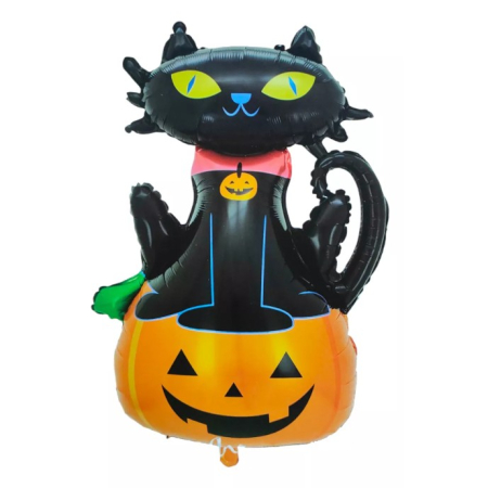 Set 5 Baloane din Folie Metalizata, , Figurine, Tema Halloween, Pai Inclus, Ambalaj Individual, Umflare cu Aer sau Heliu, Figurina Dovleac si Pisica 90x60 cm, Stelute si Cerculete 45 cm, Portocaliu-Negru [6]