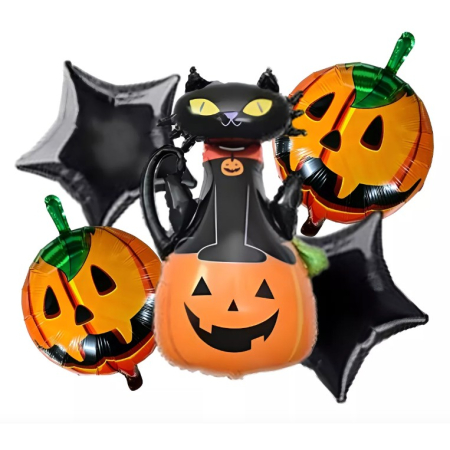 Set 5 Baloane din Folie Metalizata, , Figurine, Tema Halloween, Pai Inclus, Ambalaj Individual, Umflare cu Aer sau Heliu, Figurina Dovleac si Pisica 90x60 cm, Stelute si Cerculete 45 cm, Portocaliu-Negru [3]