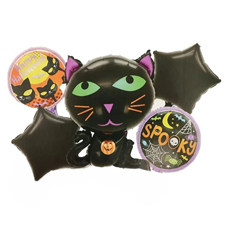 Baloane si Accesorii Halloween - Set 5 Baloane din Folie Metalizata, , Figurine, Tema Halloween, Pai Inclus, Ambalaj Individual, Umflare cu Aer sau Heliu, Figurina Pisica 65x49 cm, Stelute si Cerculete 45 cm, Negru