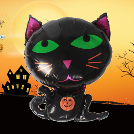 Set 5 Baloane din Folie Metalizata, , Figurine, Tema Halloween, Pai Inclus, Ambalaj Individual, Umflare cu Aer sau Heliu, Figurina Pisica 65x49 cm, Stelute si Cerculete 45 cm, Negru [5]