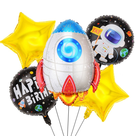 Seturi Baloane Folie - Set 5 baloane din folie metalizata HAPPY BIRTHDAY, , Figurina Model Racheta, Stelute Galbene, Adeziv si pai incluse, 78 x 45cm, Galben Alb