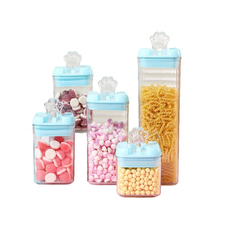 Organizatoare si Depozitare Bucatarie - Set 5 Cutii de Depozitare Alimente, , 1 x 500ml, 2 x 800ml, 1 x 1200ml, 1 x 1900ml, Capac Albastru, din PP+PET, Inchidere Ermetica, Transparent