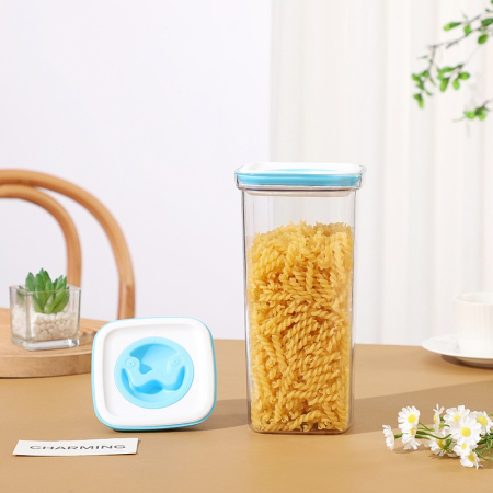 Set 5 Cutii de Depozitare pentru Bucatarie, , 2 x 600ml, 2 x 1.3L, 1 x 2L, din ABS+PET+Silicon, Capac Alb/Albastru, 23 x 10 x 10 cm, Transparent [4]