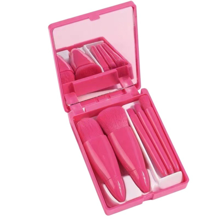 ✨TOATE PRODUSELE✨ - Set 5 Mini Pensule de Machiaj, , Portabile, in Carcasa cu Oglinda, din Par Sintetic Moale, Fucsia, 12x7x2.5 cm