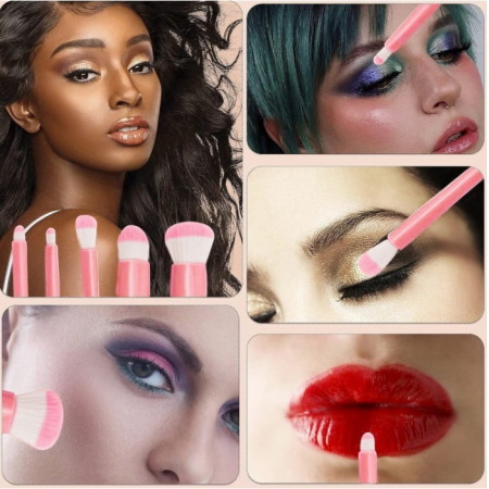 Set 5 Mini Pensule de Machiaj, , Portabile, in Carcasa cu Oglinda, din Par Sintetic Moale, Roz, 12x7x2.5 cm [3]