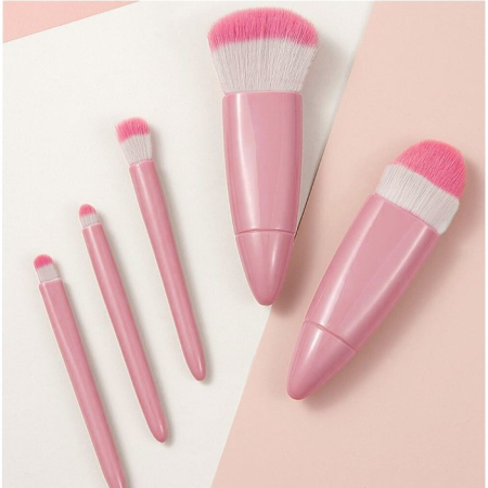 Set 5 Mini Pensule de Machiaj, , Portabile, in Carcasa cu Oglinda, din Par Sintetic Moale, Roz, 12x7x2.5 cm [4]