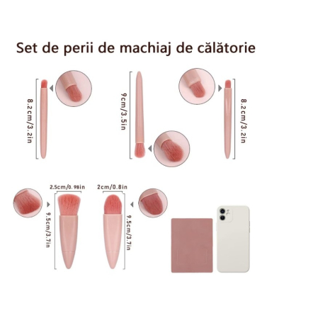 Set 5 Mini Pensule de Machiaj, , Portabile, in Carcasa cu Oglinda, din Par Sintetic Moale, Roz Pastel, 12x7x2.5 cm [4]