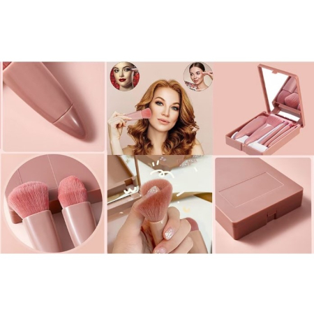 Set 5 Mini Pensule de Machiaj, , Portabile, in Carcasa cu Oglinda, din Par Sintetic Moale, Roz Pastel, 12x7x2.5 cm [3]