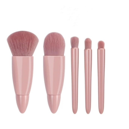 Set 5 Mini Pensule de Machiaj, , Portabile, in Carcasa cu Oglinda, din Par Sintetic Moale, Roz Pastel, 12x7x2.5 cm [1]
