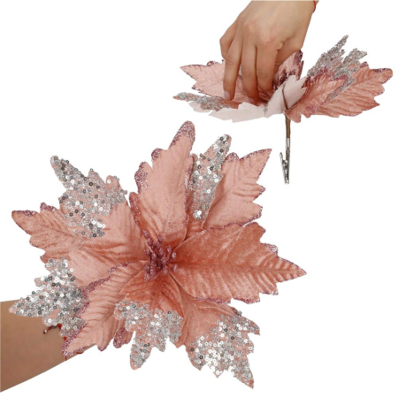 Set 5 ornamente pentru bradul de Craciun, stea Poinsettia, 26cm, roz argintiu [10]