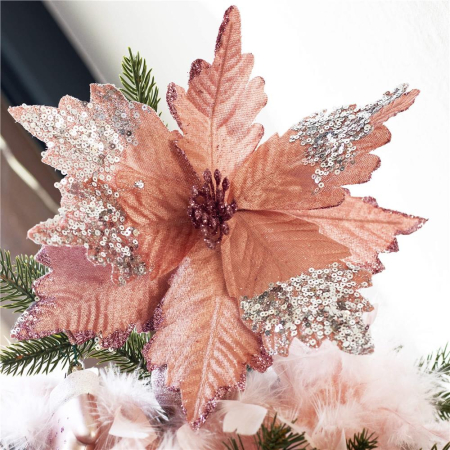 Accesorii Brad - Set 5 ornamente pentru bradul de Craciun, stea Poinsettia, 26cm, roz argintiu