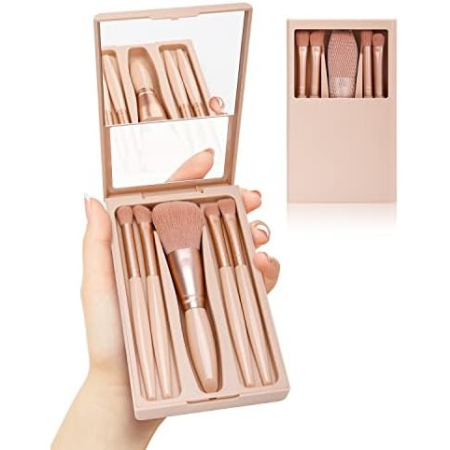 Set 5 Pensule de Machiaj cu Peri Moi, , cu Suport pentru Depozitare si Oglinda, Roz Pal [1]