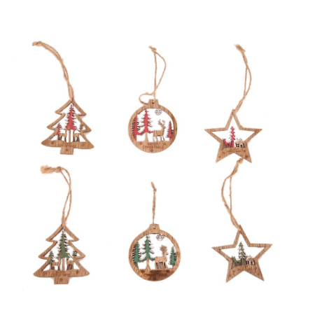Set 6 Decoratiuni de Craciun din Lemn, , cu Snur pentru Agatare in Brad, Model Brad, Glob si Steluta, Rosu [3]