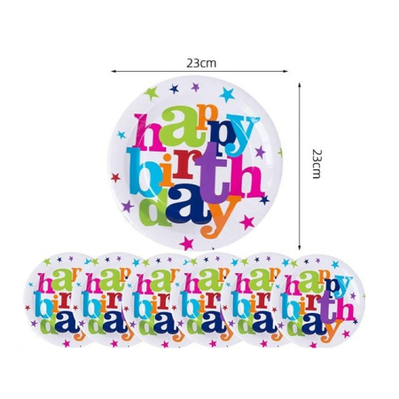 Set 6 Farfurii Unica Folosinta, , Imprimeu Happy Birthday, din Carton, Diametru 23 cm, Multicolor [2]