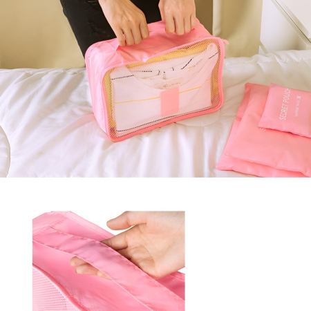 Set 6 Genți de Calatorie, , pentru Depozitare, Impermeabile, Organizator, Multifuncționale, Design cu Plasa, Pliabile, Fermoar, Dimensiuni Diferite, Roz [6]