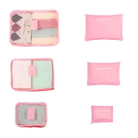 ✨TOATE PRODUSELE✨ - Set 6 Genți de Calatorie, , pentru Depozitare, Impermeabile, Organizator, Multifuncționale, Design cu Plasa, Pliabile, Fermoar, Dimensiuni Diferite, Roz
