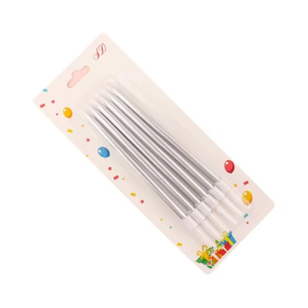 Lumanari si Toppere - Set 6 Lumanari de Tort, , din Parafina, 11 x 0.4 cm, Lucioase, Argintiu