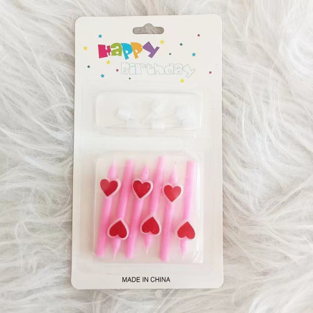 Set 6 Lumanari de Tort, , Model Creion cu Inimioare, 5.9 x 1.1 cm, din Ceara, Roz [1]