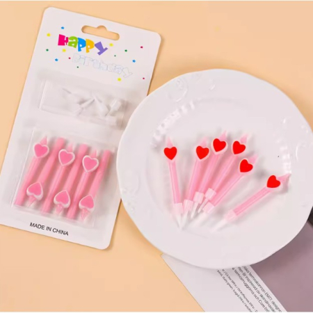 Set 6 Lumanari de Tort, , Model Creion cu Inimioare, 5.9 x 1.1 cm, din Ceara, Roz [3]