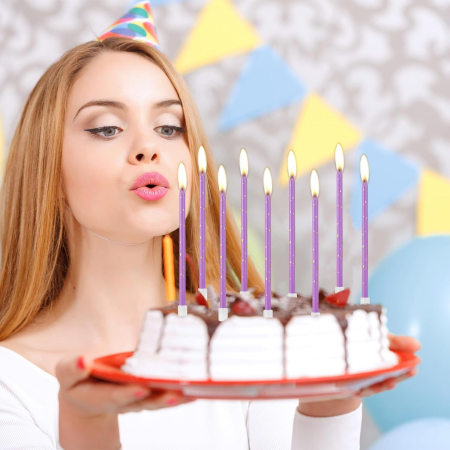 Set 6 Lumanari Lungi, , din Parafina, 10 x 0.5 cm, Happy Birthday, Mov [4]