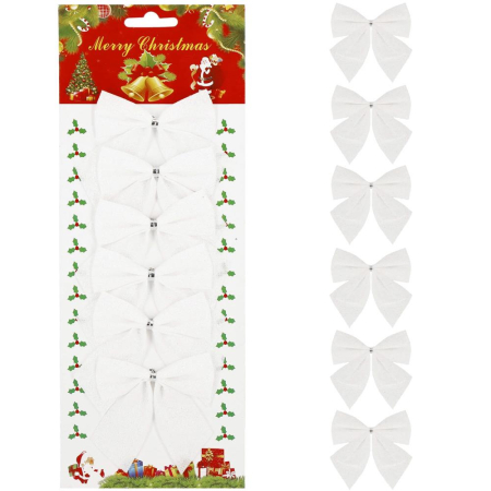 Set 6 ornamente pentru bradul de Craciun, fundita, 8cm, alb [3]
