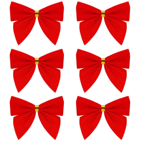 Iarna - Set 6 ornamente pentru bradul de Craciun, fundita, 8cm, rosu