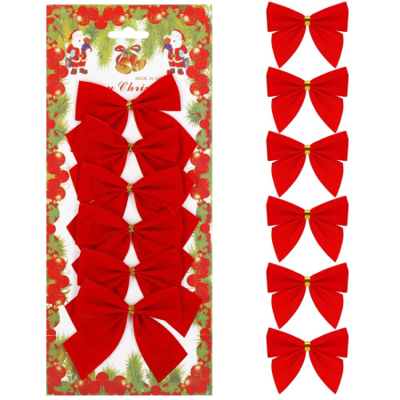 Set 6 ornamente pentru bradul de Craciun, fundita, 8cm, rosu [4]