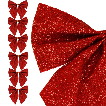 Set 6 ornamente pentru bradul de Craciun, fundita, 8cm, rosu cu sclipici [3]