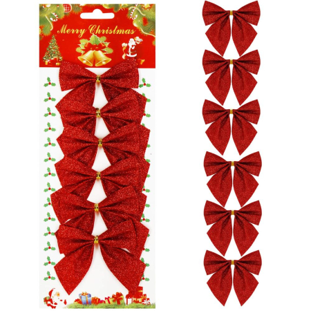 Set 6 ornamente pentru bradul de Craciun, fundita, 8cm, rosu cu sclipici [1]
