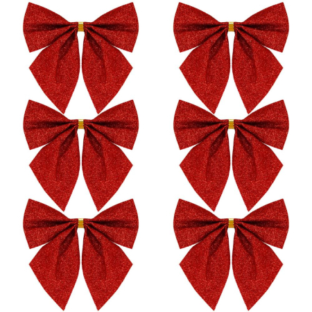 Accesorii Brad - Set 6 ornamente pentru bradul de Craciun, fundita, 8cm, rosu cu sclipici