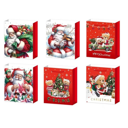 Ambalaje Craciun - Set 6 Pungi Cadou, , Imprimeu Tematica Mos Craciun, Ursuleti, Brazi, Model Random, din Hartie, Impachetare Usoara a Cadourilor, 18.5x22.5x8.5 cm, Multicolor
