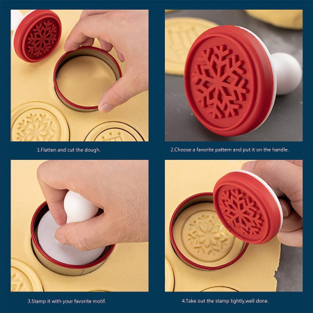 Set 6 stampile pentru prajituri , tematica de Craciun, din silicon alimentar non-toxic, taietor aluat inclus, 6 cm, maner din plastic, compact, usor de depozitat, [4]