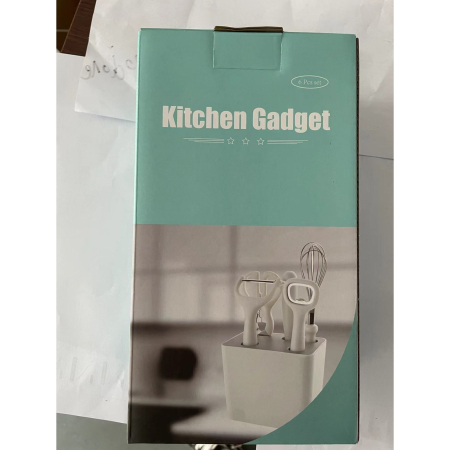 Set 6 ustensile bucatarie , cu suport inclus, desfacator, curatator legume, foarfeca, cutit, tel, ABS si inox, alb [1]