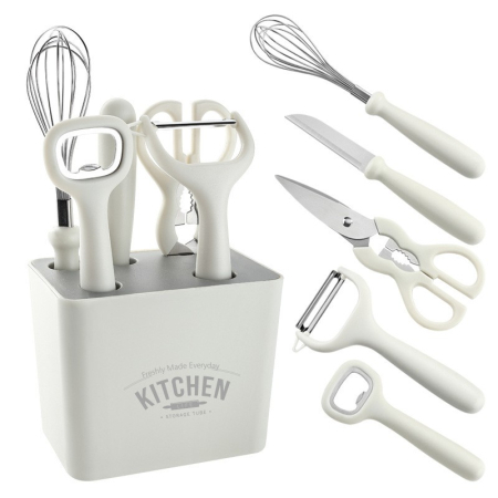 ✨TOATE PRODUSELE✨ - Set 6 ustensile bucatarie , cu suport inclus, desfacator, curatator legume, foarfeca, cutit, tel, ABS si inox, alb