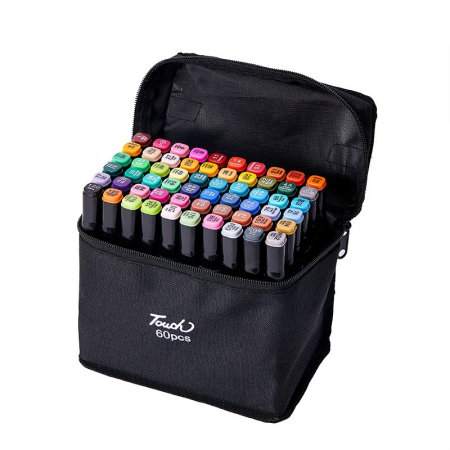Markere si Set Desen - Set 60 Markere, , cu Alcool, Touch Room, Geanta Inclusa, 2 Varfuri, Multicolor