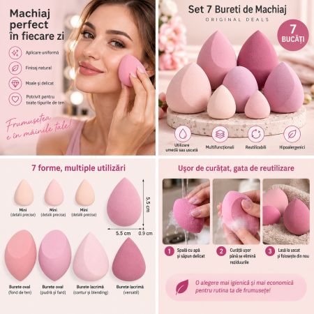 Set 7 Bureti de Machiaj ORIGINAL DEALS, Forme Mixte, Poliuretan Hidrofil, Nuante Roz [4]