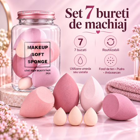 Set 7 Bureti de Machiaj ORIGINAL DEALS, Forme Mixte, Poliuretan Hidrofil, Nuante Roz [3]