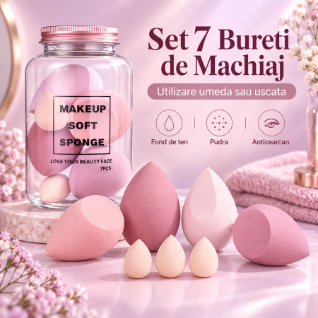 Accesorii Machiaj si Trimmere - Set 7 Bureti de Machiaj ORIGINAL DEALS, Forme Mixte, Poliuretan Hidrofil, Nuante Roz